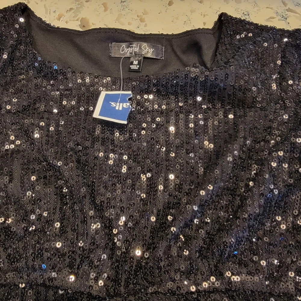 Crystal Sky Black Sparkle Long‎ Sleeve Mini Dress Size Medium NWT - Picture 9 of 10